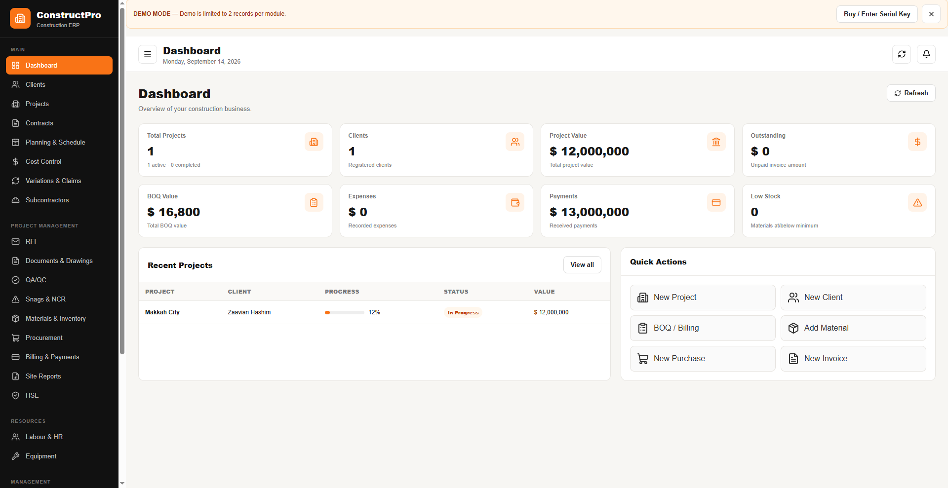 Construction ERP dashboard overview