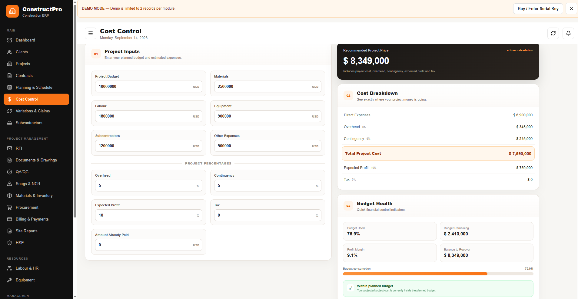 Construction ERP project tracking screen