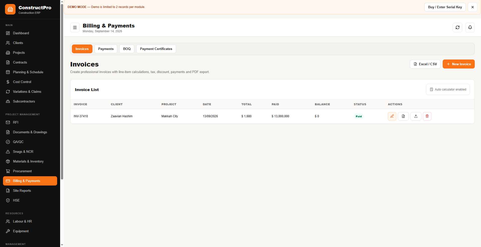 Construction ERP material management screen