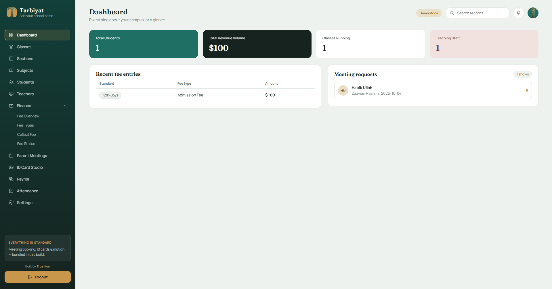 Tarbiyat school management software dashboard