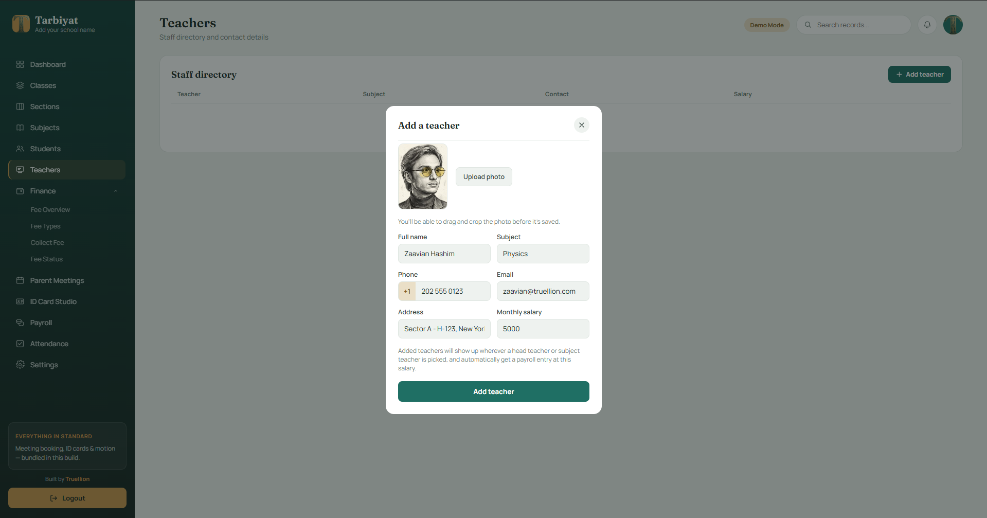 Tarbiyat student management screen