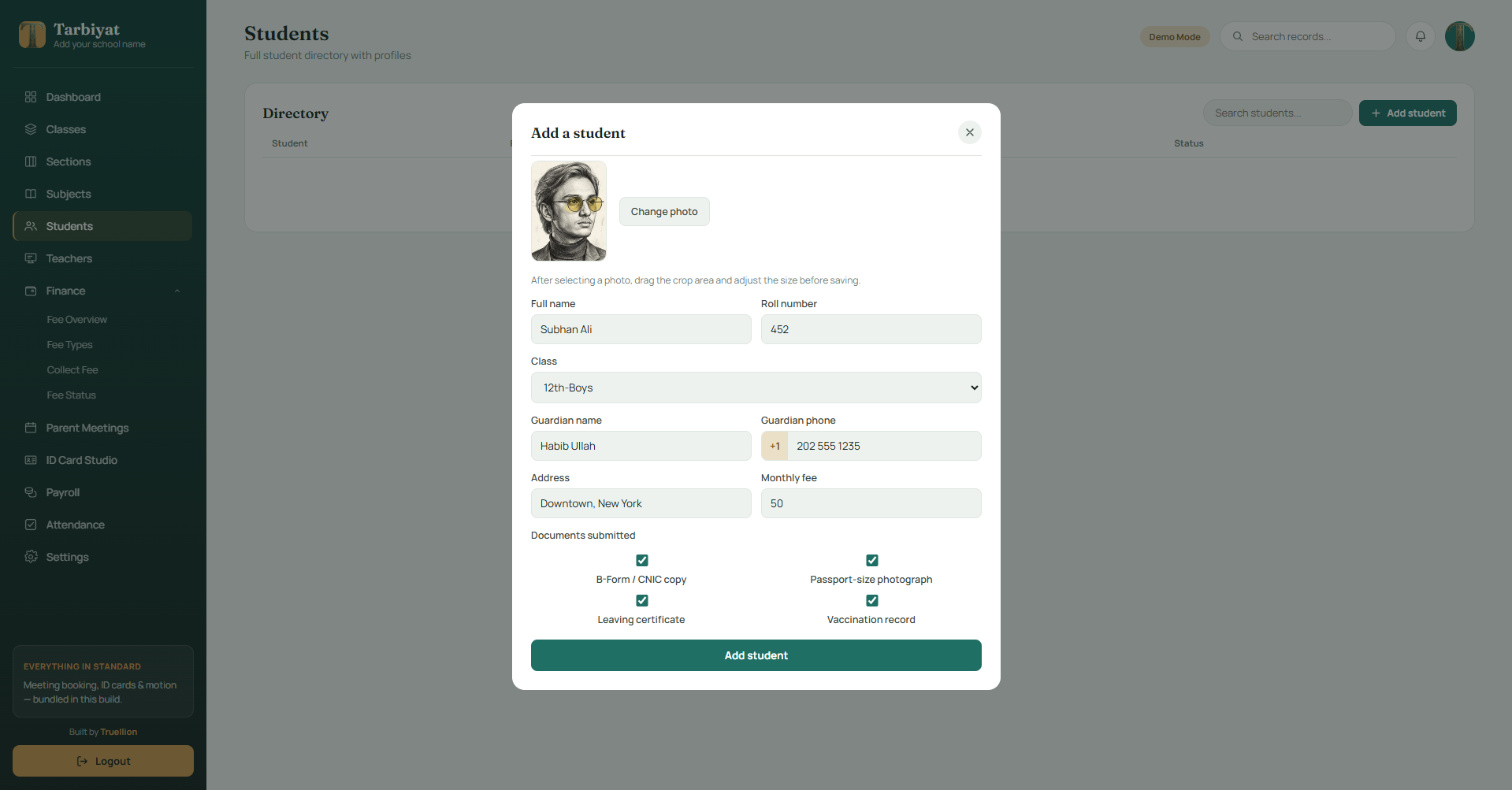 Tarbiyat fee collection screen