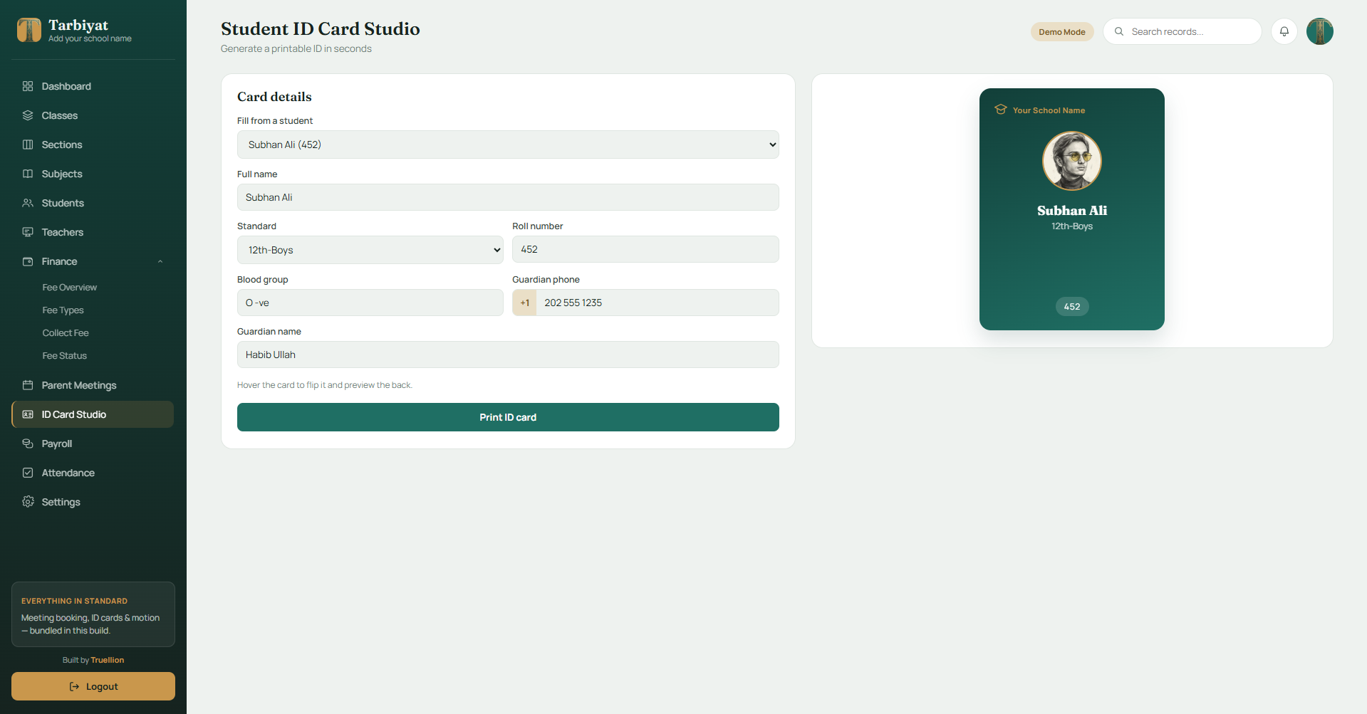 Tarbiyat attendance tracking screen